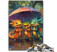 Rompecabezas para Adultos de 1000 Piezas, diseño de Tres Dinosaurios bajo un Paraguas, Ideal para aliviar el estrés, Ideal para decoración de Escritorio, 38x26cm