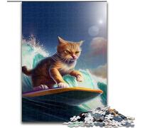 Rompecabezas para Adultos de 1000 Piezas: Divertido Rompecabezas de Gato surfeando. Un desafío para Adolescentes y familias (tamaño 50x75cm).