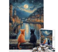 Rompecabezas para Adultos de 1000 Piezas Dos Gatos bajo la Luna Rompecabezas antiestrés para Adultos Una Obra de Arte Regalos para Amigos y Familiares (tamaño 38x52cm)