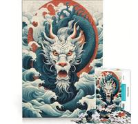 Rompecabezas para Adultos de 1000 Piezas: Dragón japonés, Ola del mar, Furia, Decoración de Pared, Decoración, póster y Hoja de curiosidades a Juego 38x26cm