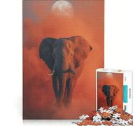 Rompecabezas para Adultos de 1000 Piezas: Elefante bajo la Luna en una bruma Anaranjada Juego práctico, Divertido y con Humor Colección de Artistas Bellas Artes 38x52cm
