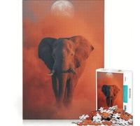 Rompecabezas para Adultos de 1000 Piezas: Elefante bajo la Luna en una bruma Naranja, decoración de Pared, Actividades Familiares, cumpleaños y Navidad 38x26cm