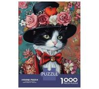 Rompecabezas para Adultos De 1000 Piezas Elegant Cat Portrait with Floral Hat Rompecabezas para Adultos Juegos Relajantes Decoración Perfecta Regalos para Reducir El Estrés 38x26cm/1000pcs