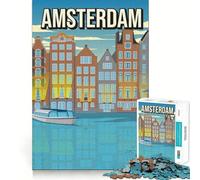 Rompecabezas para Adultos de 1000 Piezas Escenario de los Canales de Ámsterdam,Horizonte de la Ciudad,Arte de Viajes,Arte de Corte preciso,Actividad Cerebral Divertido para Relajarse,Arte navideño