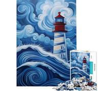 Rompecabezas para Adultos de 1000 Piezas Faro en un mar tormentoso Color Azul Juguetes de decoración para el hogar Corte de precisión cumpleaños (50x75cm)