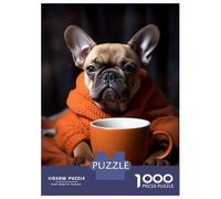 Rompecabezas para Adultos De 1000 Piezas French Bulldog Coffee Dog Rompecabezas para Adultos Juegos De Relajación Corte De Precisión Difícil Y Desafiante 38x26cm/1000pcs