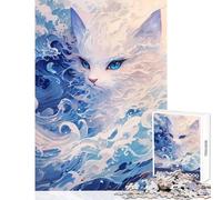 Rompecabezas para Adultos de 1000 Piezas Gatito Blanco Ola Azul Juguete Educativo Grandes Regalos y Juguetes Juegos educativos interacción Entre Padres e Hijos tamaño 38x26cm