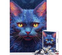 Rompecabezas para Adultos de 1000 Piezas Gato Azul neón en Primer Plano Juego práctico para Toda la Familia Juguetes de decoración para el hogar Entrena tu Cerebro y Tus Manos (75x50cm)