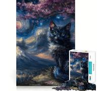 Rompecabezas para Adultos de 1000 Piezas Gato bajo Flores de Cerezo,Cielo Nocturno Juguete Divertido para Resolver Problemas Ideal para el Tiempo Libre y como Regalo de cumpleaños (38x26cm)