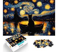 Rompecabezas para Adultos de 1000 Piezas Gato bajo la Noche Estrellada Juego de Preguntas con Piezas de Formas aleatorias Que se entrelazan Completamente 52x38cm