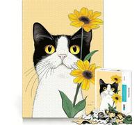 Rompecabezas para Adultos de 1000 Piezas Gato Blanco y Negro con Flores,diseño de Borde Premium,Rompecabezas de lógica,Juego para el Tiempo Libre,Divertido,decoración navideña (38x26cm)