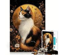 Rompecabezas para Adultos de 1000 Piezas Gato calicó en un Aura Dorada Floral,Arte de Bordes precisos,Juguete Creativo,Juego para Pasar un rato Agradable,Pieza de Arte navideña (50x75cm)