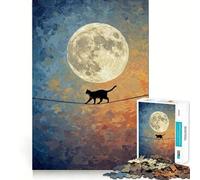 Rompecabezas para Adultos de 1000 Piezas Gato Caminando sobre un Alambre con Luna,diseño de Bordes Finos,Ideal para Manualidades,diversión,relajación y como Regalo de cumpleaños (50x75cm)