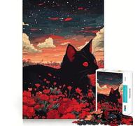 Rompecabezas para Adultos de 1000 Piezas Gato,Campo de Flores Rojas,Arte de Corte Fino,Juego para estimular la Mente,Juego Relajante, (38x26cm)