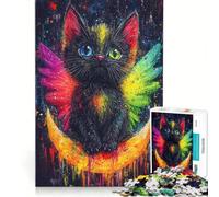 Rompecabezas para Adultos de 1000 Piezas: Gato Colorido sobre Luna Creciente, Juegos educativos, desafiante para completar, cumpleaños 38x52cm