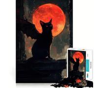 Rompecabezas para Adultos de 1000 Piezas Gato con alas de murciélago y Luna roja,Corte preciso,Divertido Juego Mental,Regalo,Momento de relajación,decoración navideña para la Pared (50x75cm)