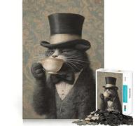 Rompecabezas para Adultos de 1000 Piezas Gato con Sombrero de Copa y té,diseño de Bordes Finos,Juego cognitivo,Juguete Relajante,decoración navideña para la Pared (38x52cm)