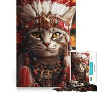 Rompecabezas para Adultos de 1000 Piezas Gato con Tocado Nativo Americano,Bordes impecables,Divertido Juego de concentración Mental,Juego Tranquilo,decoración navideña,Regalo (38x52cm)