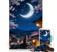 Rompecabezas para Adultos de 1000 Piezas Gato contemplando Flores de Cerezo a la luz de la Luna de Bordes precisos Juguete Creativo para desarrollar la Creatividad Juego para Pasar un rato Agradable
