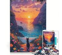 Rompecabezas para Adultos de 1000 Piezas: Gato contemplando la Puesta de Sol Junto al mar Juego práctico Que fomenta el análisis y la lógica Regalo Ideal para Amigos y Familiares 38x26cm