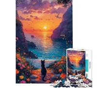 Rompecabezas para Adultos de 1000 Piezas Gato contemplando la Puesta de Sol Junto al mar Juguete difícil Que estimula el análisis y la lógica Ideal para Decorar la Pared Apto para Mayores de 14 años