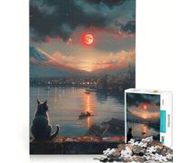 Rompecabezas para Adultos de 1000 Piezas: Gato contemplando la Puesta de Sol sobre Japón Juguete antiestrés, difícil y desafiante Hermoso diseño 38x26cm