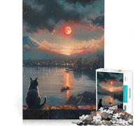 Rompecabezas para Adultos de 1000 Piezas: Gato contemplando la Puesta de Sol sobre Japón, Juguetes antiestrés, Corte de precisión, colección de Artistas, Bellas Artes 38x52cm