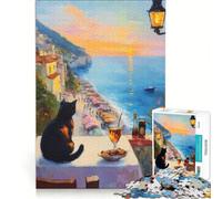 Rompecabezas para Adultos de 1000 Piezas: Gato contemplando la Puesta de Sol sobre la Costa Italiana Juguete antiestrés, difícil y desafiante Hermoso diseño 38x26cm