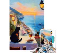 Rompecabezas para Adultos de 1000 Piezas Gato contemplando la Puesta de Sol sobre la Costa Italiana Juego Educativo desafiante Juguete práctico antiestrés Regalo Divertido (tamaño 50x75cm)
