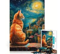 Rompecabezas para adultos de 1000 piezas Gato contemplando un pueblo a la luz de la luna de bordes precisos Juguete creativo para desarrollar la creatividad Juego para pasar un rato agradable Pieza de