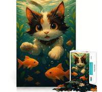 Rompecabezas para Adultos de 1000 Piezas Gato de Dibujos Animados Nadando con Peces Dorados,Bordes Finos,artesanía,Juego cognitivo,Juguete,Juego Relajante,decoración navideña para la Pared (50x75cm)
