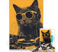 Rompecabezas para Adultos de 1000 Piezas: Gato DJ Negro en la Fiesta, Juguetes para armar, Entrena tu Cerebro y Tus Manos, con póster y Hoja de Preguntas a Juego 38x26cm