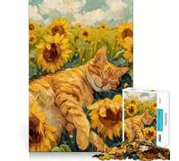 Rompecabezas para Adultos de 1000 Piezas Gato durmiendo en un Campo de Girasoles Corte Divertido desafío Inteligente Juego Tranquilo y Divertido artístico (38x26cm)