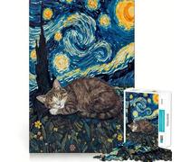 Rompecabezas para Adultos de 1000 Piezas Gato durmiendo en un Cielo Estrellado,diseño de Corte Fino,Actividad para la Mente,Tiempo de Paz,Juego,decoración navideña (38x52cm)