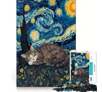 Rompecabezas para Adultos de 1000 Piezas Gato durmiendo en un Cielo Estrellado,Piezas de Corte Limpio,Juego para ejercitar la Mente,Juego de Ocio,Pieza de Arte navideña (50x75cm)