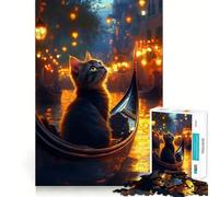 Rompecabezas para Adultos de 1000 Piezas Gato en góndola,Venecia de Noche Acabado Fino Juego cognitivo Juguete Relajante Decoración navideña para Pared (38x26cm)