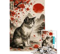 Rompecabezas para Adultos de 1000 Piezas Gato en Paisaje japonés Diversión en casa Juego práctico de ensamblaje de Patrones para Mayores de 14 años 50x75cm