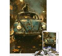 Rompecabezas para Adultos de 1000 Piezas: Gato en un Coche clásico Juguete Educativo Obra de Arte Regalo Juego Educativo con póster a Juego y Hoja de Trivia tamaño 50x75cm