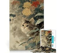 Rompecabezas para Adultos de 1000 Piezas Gato Entre crisantemos,Arte Vintage,Corte Premium,lógica Divertida,Juguete fácil de Usar,Arte de Pared navideño (50x75cm)