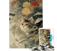Rompecabezas para Adultos de 1000 Piezas Gato Entre crisantemos Arte Vintage Juegos Divertidos y desafiantes cumpleaños y Navidad (tamaño 38x52cm)
