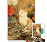 Rompecabezas para Adultos de 1000 Piezas Gato Entre Flores,Pintura Vintage,Arte de Corte preciso,Juguete de Juego cognitivo,Tiempo de Juego Relajante,Arte de Pared navideño (38x26cm)