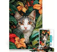 Rompecabezas para Adultos de 1000 Piezas Gato Entre follaje Floral Tropical,Corte Premium,Divertido,lógico,Juguete fácil de Usar,decoración navideña para la Pared (38x52cm)