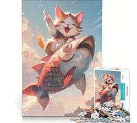 Rompecabezas para Adultos de 1000 Piezas Gato Feliz Montando un pez Volador Juegos educativos, decoración Cada Pieza es única 38x52cm