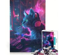 Rompecabezas para Adultos de 1000 Piezas Gato Gamer fumando con Auriculares decoración de Pared decoración Perfecta cumpleaños 50x75cm