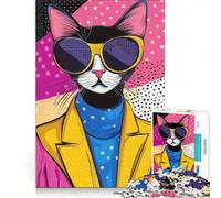 Rompecabezas para Adultos de 1000 Piezas: Gato Genial con Gafas de Sol, Estilo Pop Art Juguete Educativo, Divertido y con Humor Incluye póster y Hoja de Preguntas a Juego 50x75cm