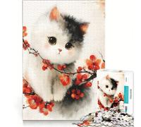 Rompecabezas para Adultos de 1000 Piezas Gato japonés Kawaii con Flores de Cerezo, Juego Familiar, Divertido para Reducir el estrés, Juego de desafío único 38x52cm
