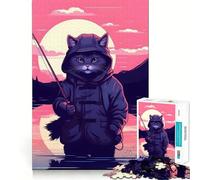 Rompecabezas para Adultos de 1000 Piezas Gato,Lago,Pesca,Arte de Borde Exacto,Juguete Creativo,Tiempo Acogedor,Juego,Pieza de Arte Navideña (38x52cm)