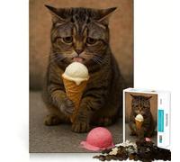 Rompecabezas para Adultos de 1000 Piezas Gato lamiendo un Cono de Helado,Corte Premium,Divertido,lógico,Juguete,fácil de Usar,decoración navideña para la Pared (50x75cm)