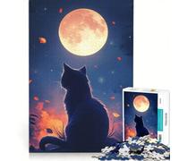 Rompecabezas para Adultos de 1000 Piezas: Gato Mirando a la Luna Juegos relajantes, dificultad: Difícil Incluye póster y Hoja de Preguntas a Juego 50x75cm