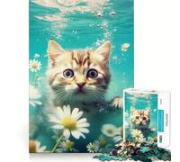Rompecabezas para Adultos de 1000 Piezas Gato Nadando en el Agua,diseño de Corte Fino,Actividad para la Mente,Juego Tranquilo,decoración navideña (38x52cm)